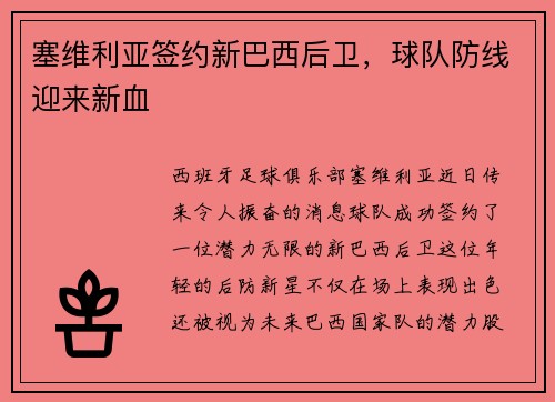 塞维利亚签约新巴西后卫，球队防线迎来新血